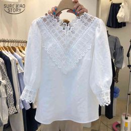 Sweet Lace Stitching V-neck Womens and Blouses Long Sleeve Spring Tops Korean Style Solid Cotton Shirt Women Blusas 13527 210415