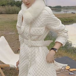 Winter Long Straight Coat Rhombus Pattern Casual Sashe Parkas Pockets Argyle Plaid Bubble Jacket 211013