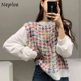 Puff Sleeve Fake Two-piece Knitted Pullover Fresh Fashion Chic Colourful Patchwork Sweater Women O-neck Loose Femme Tops 210422