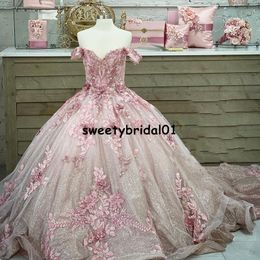 Princess Pink Ball Gown Quinceanera Dress Off Shoulder 3D Flowers vestidos de 15 años 2021 Prom Dresses for Girl Party