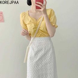 Korejpaa Women Dress Sets Summer Korea Pleated V-neck Solid Colour Shirt and High-waisted Embroidery Hook Flower Midi Skirt 210526