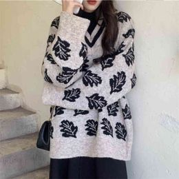 Retro Pull Femme Autumn Winter Long Sleeve Leaves Leaf Pattern V Neck Korean Style Knitted Loose Pullover Sweater Tops 210514