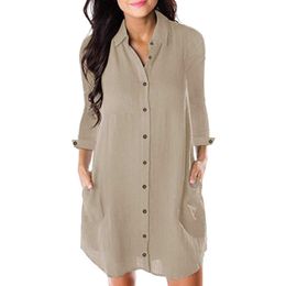 Women Loose Solid Dresses Turn Down Casual Ladies Office Shirt Dresses Button Summer Spring Long Sleeve Dresses Vestidos 210706