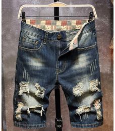 Ripped Hole Summer Shorts 2021 Retro Blue Men's Slim Fit Short Jeans Five-point Casual Pants Male Brand Clothing