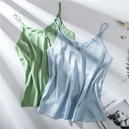 Casual V-Neck Sexy Solid Silk Satin Woman Camis Tank Tops Solid Sexy Chiffon SleevelCamisole Top Plus Size Halter Camis Tops X0507