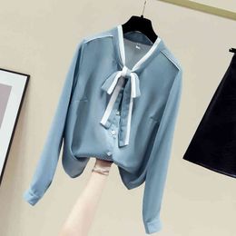 Autumn Women's Bow Collar Long Sleeves Chiffon Shirts Office Ladies Casual Shirt Blouse OL Tops A3671 210428