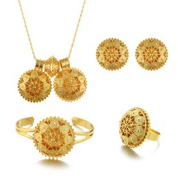 Ethiopian Flower Bracelet Earrings Necklace For Women Gold Color Eritrean African Luxury Bridal Wedding Jewelry Sets