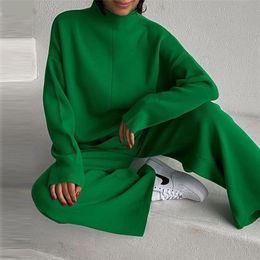 Women Knitted Two Piece Sets Fashion Casual Female Solid Warm Outfits Long Sleeve Turtleneck Top And Wide Leg Trouser Suits 220315