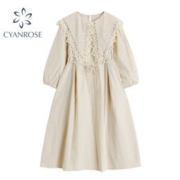 Chic Retro Dress Women Sweet Lace Peter Pan Collar French Elegant Puff Three Quarter Sleeve Up Fairy Frcoks Rok Summer 210515