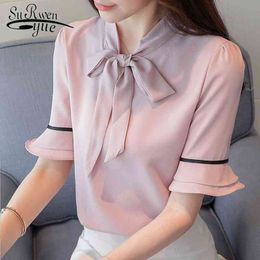 Summer Women Shirt Blouse Short Sleeve Fashion Bow Neck Sweet Clothing Blusas Pink Chiffon Tops D703 30 210521