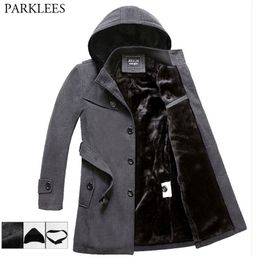 Men's Fleece Hooded Thick Wool Winter Coat Brand Long Wool Trench Coat Men Casual Pocket Overcoat with Removable Hood 211122