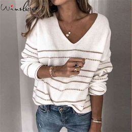 -coming Autumn V Neck Striped Pullover Sweaters Primer Shirt Long Sleeve Korean Loose Cotton Knit Top T05010B 210421