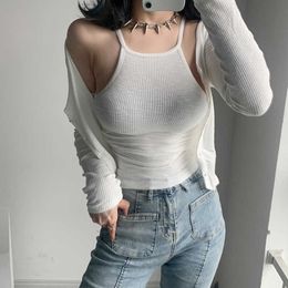 Womens White Knitting Elasticity O Neck Tnak Tops + Full Sleeve Cardigan T Shirt Tees Girl Female Summer Korean Women E217 210603