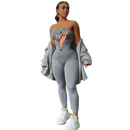 Trendy Chic Printed Spandex Rompers For Women Summer Arrival Breast Wrap High Waist Skinny Gray Sexy Jumpsuit 210525