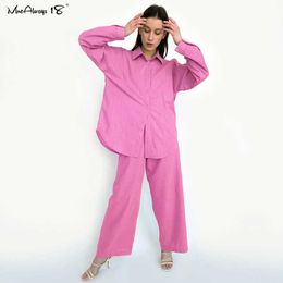 Mnealways18 Autumn Pink Woman Pants Suits Solid Cotton Linen 2 Piece Sets Long Sleeve Shits And Wide Pocket Ladies Outfits 210930