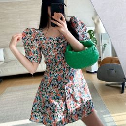 Women Dress Summer Ladies Floral Puff Sleeve Korean Elegant Square Collar Single-Breasted Ruched Casual Beach Party Dress 210518