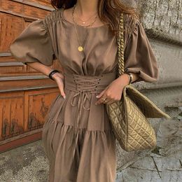 Korean retro elegant thin square collar cross waist belt Dress for womens five-point lantern sleeve dress long dress female 210514