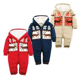 Christmas Elk Winter Infant born Baby Boys Girls Hooded Rompers Clothes Toddler Brushed Thicken Jumpsuits 210429