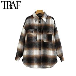 TRAF Women Vintage Stylish Plaid Oversized Woolen Jacket Coat Fashion Long Sleeve Pockets Loose Female Outerwear Chic Tops 210415