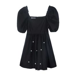 Forse U Donne Black Beige Puff Bold Manica Corta Empire A-Line Mini Dress Summer Vintage Elegante Chic D3034 210529