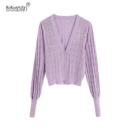 Women Fashion Purple Jacquard Knitted Cardigan Vintage V Neck Long Sleeve Sweaters Female Chic Outerwear 210520