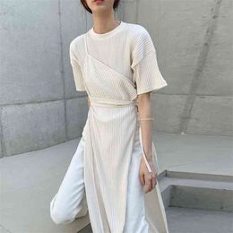 Bandage Dress Women Fashion Short Sleeve Sweater Female White Black Knitted Long Maxi Split Sashes Vestidos Mujer 210601