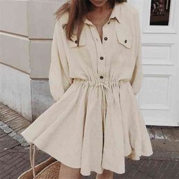 Vintage cotton linen Pleated dress women Casual vestidos lantern sleeve shirt Summer slim office short 210521