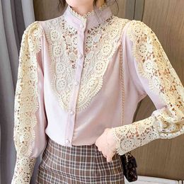 Blouses Femme Top Women Tops Long Sleeve Blouse Women Blusas Mujer De Moda Elegantes Hollow Lace Chiffon Blouse Shirt E721 210426