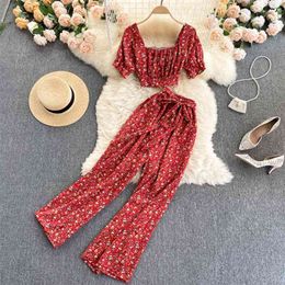 Beach Style Women Two Piece Set Summer Floral Print Short Sleeve Crop Top + Wide Leg Long Pants Suits Casual Clothing Sets 210603