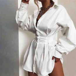 vintage lantern sleeve shirt dress women sexy button short mini club party evening white black vestidos 210427