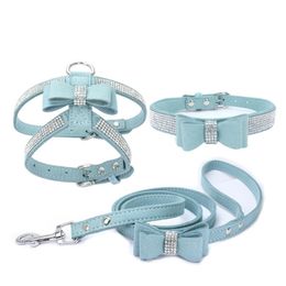 Adjustable Chest Strap With Buckle Soft Suede Bow Pet Dog Cat Harness Leather High Quality Collar 3-Piece Set 211022