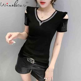 Summer European Style Solid Cotton T-Shirt Sexy Off Shoulder Shiny Diamonds Women Tops Short Sleeve All Match Tees T14305A 210421