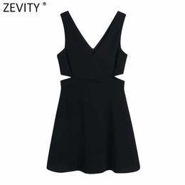 Zevity Women Sexy Deep V Neck Side Hollow Out Black Sling Mini Dress Femme Chic Summer Wear Casual Slim Party Vestido DS8113 210603