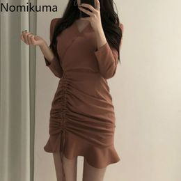 Nomikuma Drawstring Lace Up Ruffle Bodycon Dress Women V Neck Long Sleeve Mini Dresses Korean Style Chic Vestidos Mujer 3c777 210514