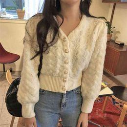 Korean Retro Gentle Versatile V-Neck Fashion Knitwear Women Autumn Long Sleeve Knitted Sweater Cardigan Coat 210514