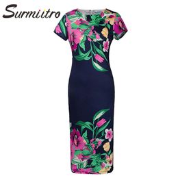 Boho Midi Dress Summer Women Fashion Short Sleeve Floral Knee Length Tunic Beach Bodycon Pencil Sundress Female 210421