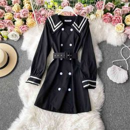 Navy Collar Dress Women's Autumn Korean Slim Long Sleeve A-line Skirt HK041 210506
