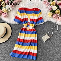 Korobov Korean Summer V Neck Women Knitted Dress Vintage Short Sleeve Striped Vintage OL Female Dresses Button Vestidos Femme 210430