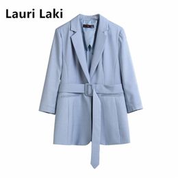 Lauri Laki Elegant Blazer Jacket Women With Belt Solid Office Ladies Fomral Ol Three Quarter Sleeve Coats Summer 211019