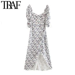 TRAF Women Chic Fashion Floral Print Irregular Midi Dress Vintage Tied V Neck Puff Sleeve Back Zipper Female Dresses 210415