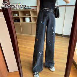 SURMIITRO Fashion Black Korean Style Wide Leg High Waist Boyfrind Mom Jeans Women Floor Length Long Denim Pants Female 210712