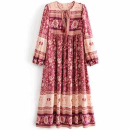 INSPIRED Women wine red Floral Print tassle tied dress women boehmian Long Sleeve dress for women Spring autumn dresses new 210412