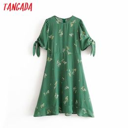 French Fashion Women Geen Flowers Print Bow Sleeve Casual Female Zipper Vintage Dress 3D29 210416