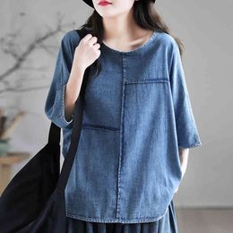 Johnature Denim Cotton Patchwork Casual Women T-Shirts Summer O-neck Short Sleeve Loose All-match Casual Tops 210521