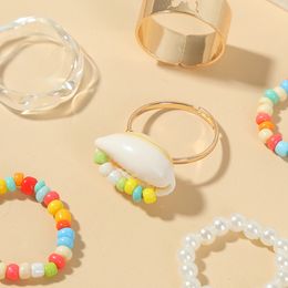 2021 7 Pcs/Set Bohemian Multicolor Glass Beads White Pearl Transparent Resin Gold Colour Metal Butterfly Rings Set For Women Jewellery