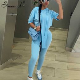 Simenual Hooded T Shirt And Pants Loungewear Tracksuits Workout Sportswear Casual Two Piece Outfit Short Sleeve Women Sets Loose Y0625