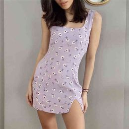 Elegant women purple floral print dress summer fashion ladies square collar es female sweet girls chic vestidos 210427