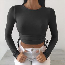 Women T-Shirt Lace-Up Long Sleeve Round Neck Casual Bandage Tops Short Slim Fit Sale Fashion Clothing 210522