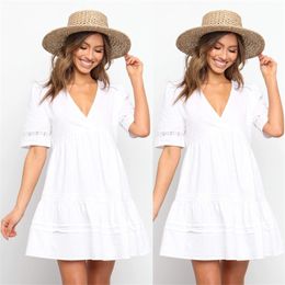 Summer Sexy V-Neck Lace Stitching Short-Sleeved Solid Color White Dress Women Fashion Boho A-Line Femme Robe Vestidos 210517