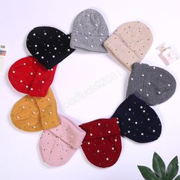 Women's Knitted Hat With Pearls Beads Beanie Autumn Winter Outdoor Warm Skullies Caps Female Ladies Elastic Bonnet Hats